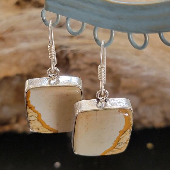 Sterling Silver Square Jasper Dangle Earrings - Picture 2 of 9